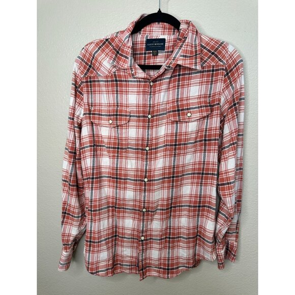 Lucky Brand Mens Orange & White‎ Plaid Flannel Medium Long Sleeve Snap Button - Picture 7 of 8